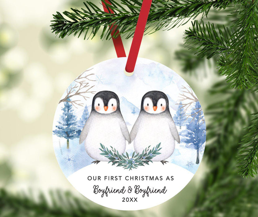 Custom Year Family Round Metal Christmas Keepsake Ornament, Watercolor Winter Penguins on Snow Design 2-Set of 1-Andaz Press-Boyfriend & Boyfriend-