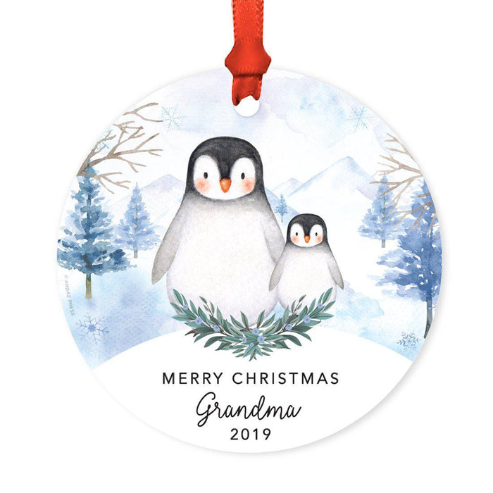 Custom Year Family Round Metal Christmas Keepsake Ornament, Watercolor Winter Penguins on Snow Design 2-Set of 1-Andaz Press-Boyfriend & Boyfriend-