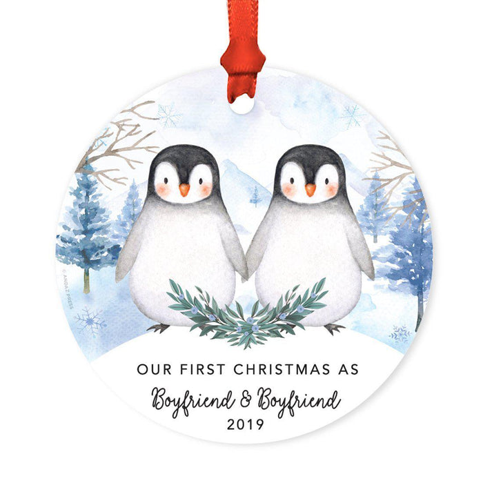 Custom Year Family Round Metal Christmas Keepsake Ornament, Watercolor Winter Penguins on Snow Design 2-Set of 1-Andaz Press-Boyfriend & Boyfriend-