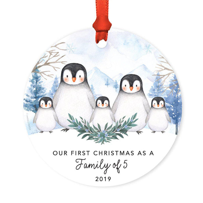 Custom Year Family Round Metal Christmas Keepsake Ornament, Watercolor Winter Penguins on Snow Design 2-Set of 1-Andaz Press-Family of Five-