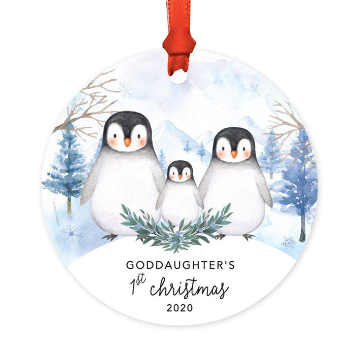 Custom Year Family Round Metal Christmas Keepsake Ornament, Watercolor Winter Penguins on Snow Design 2-Set of 1-Andaz Press-Goddaughter's 1st Christmas-