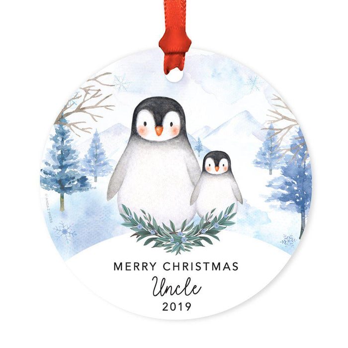 Custom Year Family Round Metal Christmas Keepsake Ornament, Watercolor Winter Penguins on Snow Design 2-Set of 1-Andaz Press-Merry Christmas Uncle-