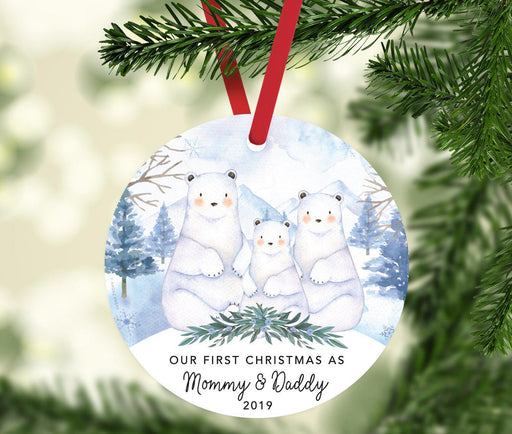 Custom Year Family Round Metal Christmas Ornament, Watercolor Winter Polar Bears on Snow Design 1-Set of 1-Andaz Press-Mommy and Daddy-