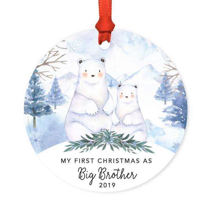Custom Year Family Round Metal Christmas Ornament, Watercolor Winter Polar Bears on Snow Design 1-Set of 1-Andaz Press-Big Brother-