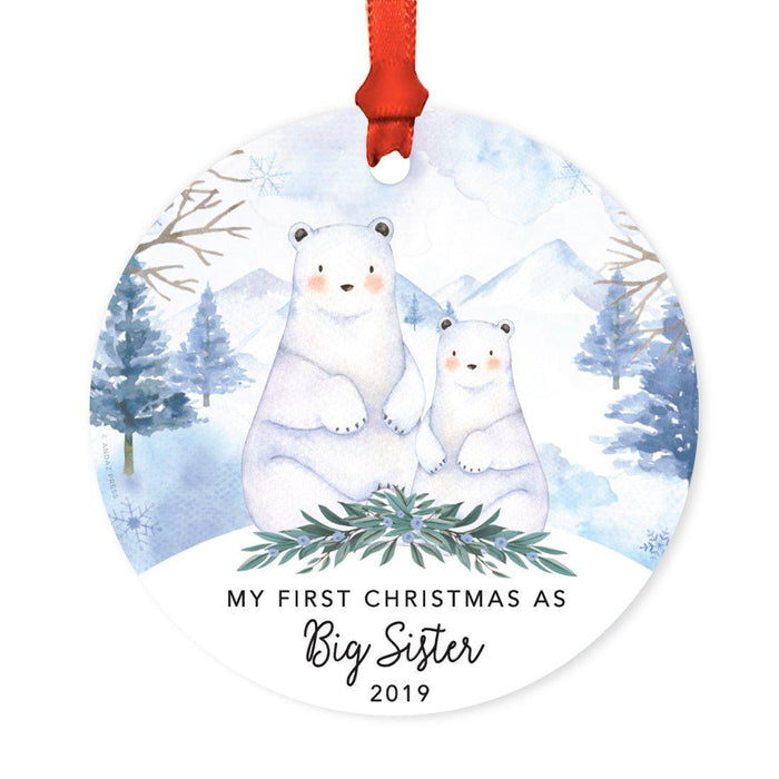 Custom Year Family Round Metal Christmas Ornament, Watercolor Winter Polar Bears on Snow Design 1-Set of 1-Andaz Press-Big Sister-