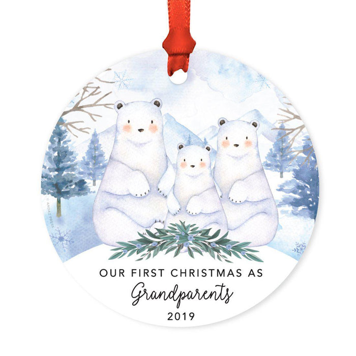 Custom Year Family Round Metal Christmas Ornament, Watercolor Winter Polar Bears on Snow Design 1-Set of 1-Andaz Press-Grandparents-