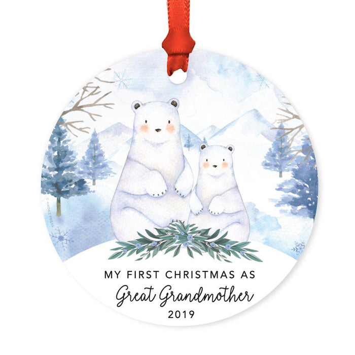 Custom Year Family Round Metal Christmas Ornament, Watercolor Winter Polar Bears on Snow Design 1-Set of 1-Andaz Press-Great Grandmother-