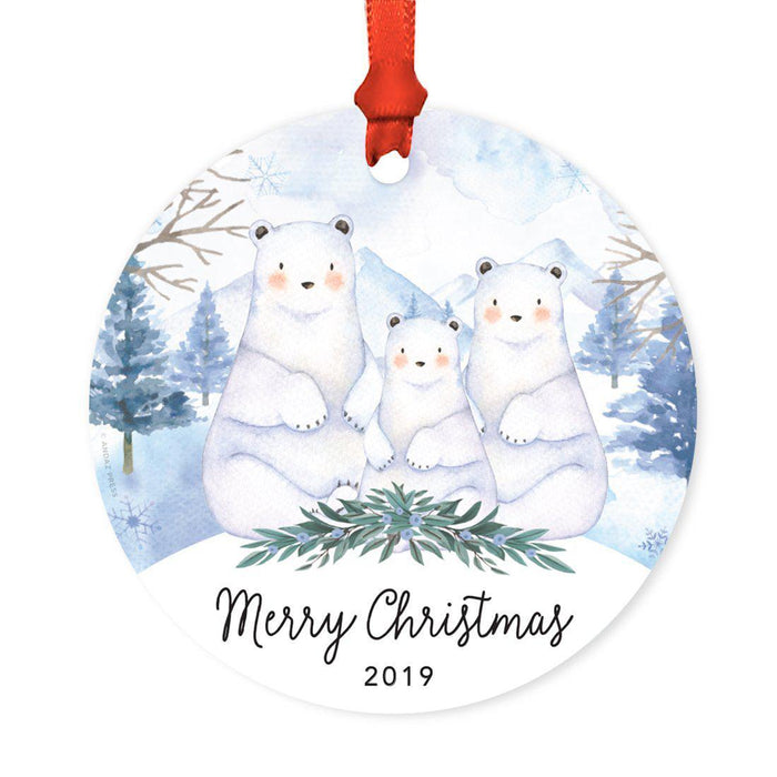 Custom Year Family Round Metal Christmas Ornament, Watercolor Winter Polar Bears on Snow Design 1-Set of 1-Andaz Press-Merry Christmas-