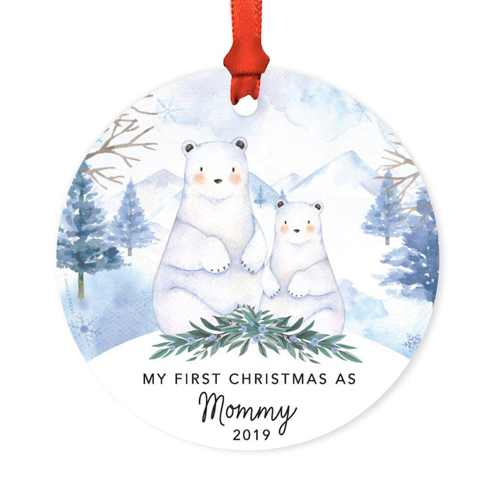 Custom Year Family Round Metal Christmas Ornament, Watercolor Winter Polar Bears on Snow Design 1-Set of 1-Andaz Press-Mommy-