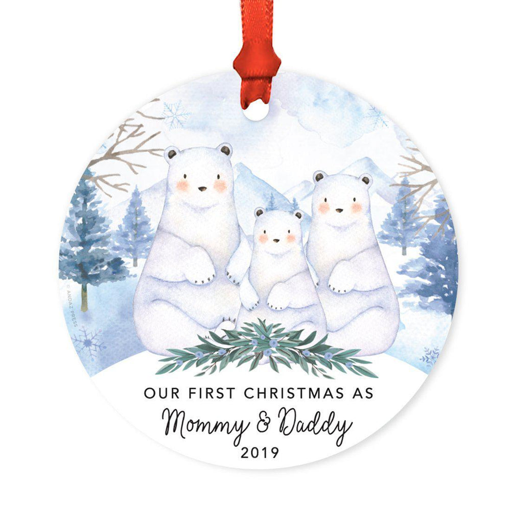Custom Year Family Round Metal Christmas Ornament, Watercolor Winter Polar Bears on Snow Design 1-Set of 1-Andaz Press-Mommy and Daddy-