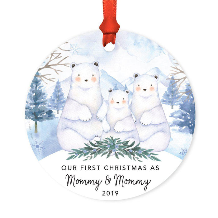 Custom Year Family Round Metal Christmas Ornament, Watercolor Winter Polar Bears on Snow Design 1-Set of 1-Andaz Press-Mommy and Mommy-