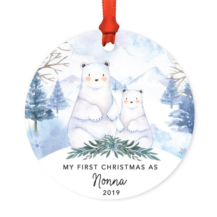 Custom Year Family Round Metal Christmas Ornament, Watercolor Winter Polar Bears on Snow Design 1-Set of 1-Andaz Press-Nonna-