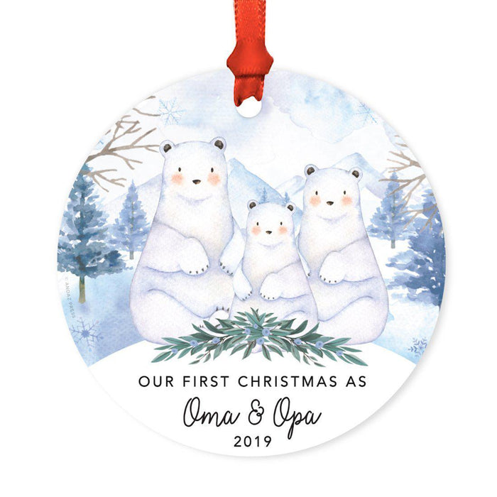 Custom Year Family Round Metal Christmas Ornament, Watercolor Winter Polar Bears on Snow Design 1-Set of 1-Andaz Press-Oma and Opa-