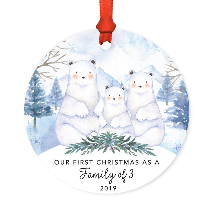 Custom Year Family Round Metal Christmas Ornament, Watercolor Winter Polar Bears on Snow Design 2-Set of 1-Andaz Press-Married-