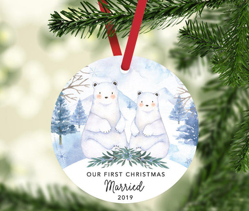 Custom Year Family Round Metal Christmas Ornament, Watercolor Winter Polar Bears on Snow Design 2-Set of 1-Andaz Press-Married-