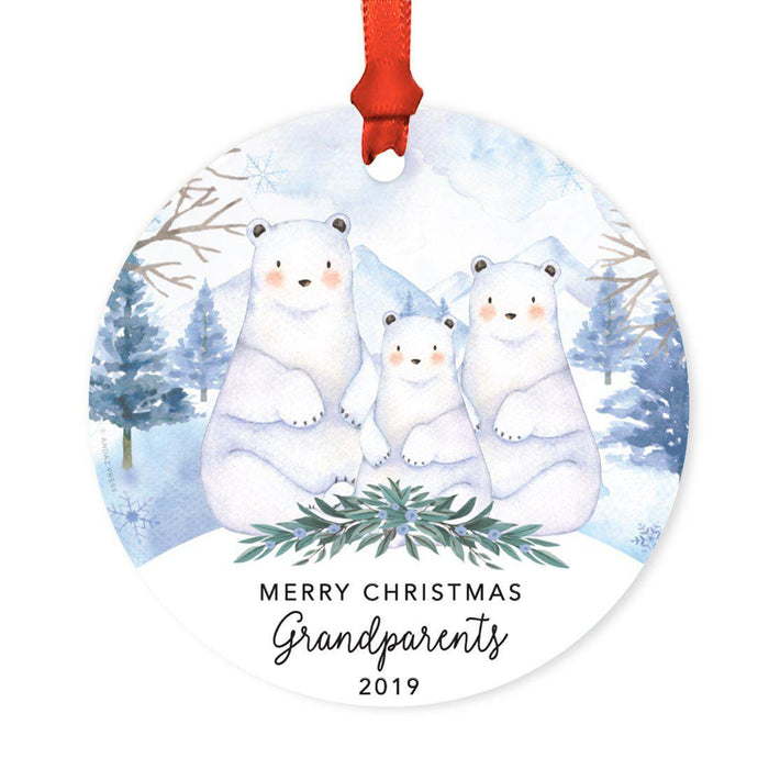 Custom Year Family Round Metal Christmas Ornament, Watercolor Winter Polar Bears on Snow Design 2-Set of 1-Andaz Press-Married-