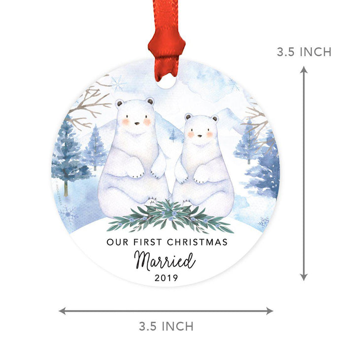 Custom Year Family Round Metal Christmas Ornament, Watercolor Winter Polar Bears on Snow Design 2-Set of 1-Andaz Press-Married-