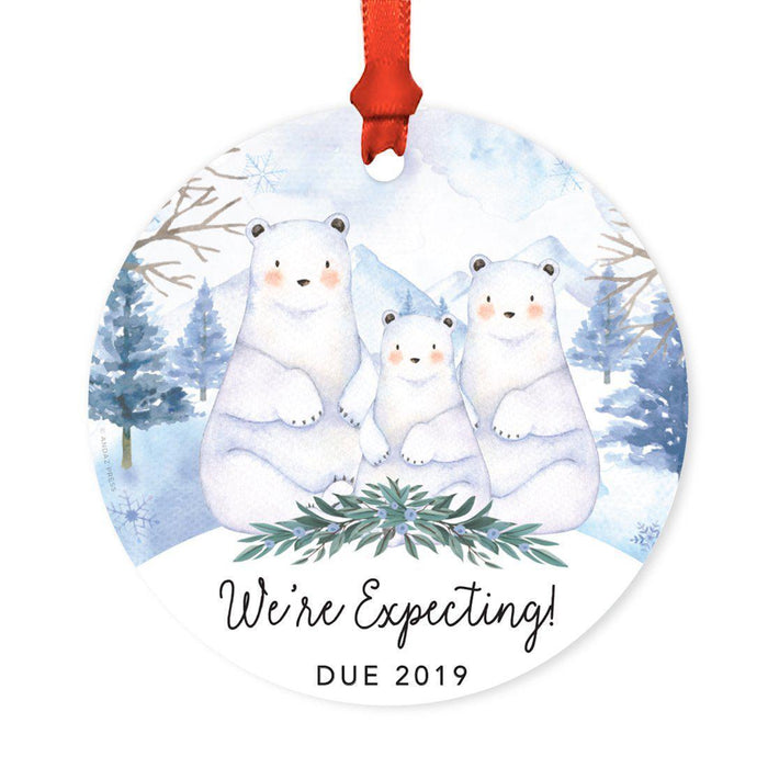 Custom Year Family Round Metal Christmas Ornament, Watercolor Winter Polar Bears on Snow Design 2-Set of 1-Andaz Press-Baby Expecting-