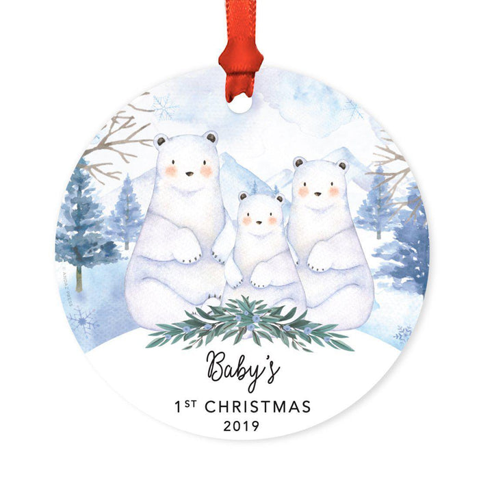 Custom Year Family Round Metal Christmas Ornament, Watercolor Winter Polar Bears on Snow Design 2-Set of 1-Andaz Press-Baby's 1st Christmas-