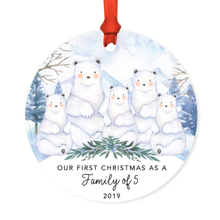 Custom Year Family Round Metal Christmas Ornament, Watercolor Winter Polar Bears on Snow Design 2-Set of 1-Andaz Press-Family of Five-