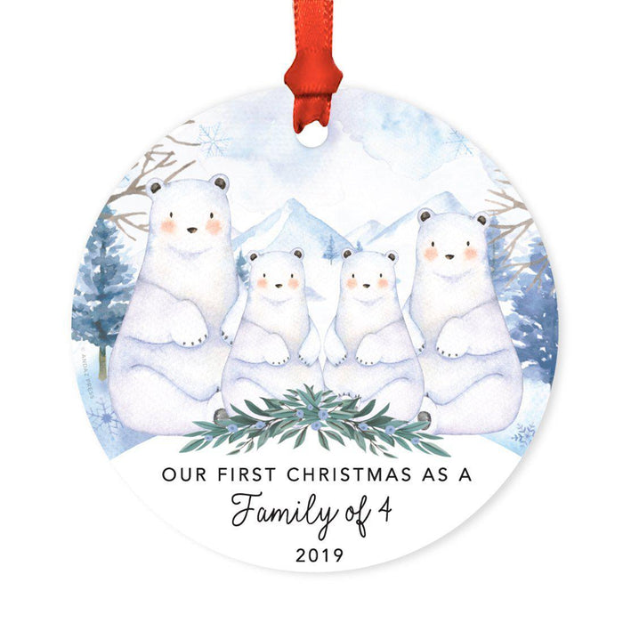 Custom Year Family Round Metal Christmas Ornament, Watercolor Winter Polar Bears on Snow Design 2-Set of 1-Andaz Press-Family of Four-