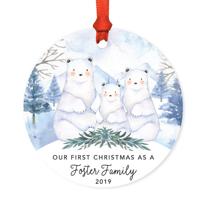 Custom Year Family Round Metal Christmas Ornament, Watercolor Winter Polar Bears on Snow Design 2-Set of 1-Andaz Press-First Christmas as Foster Family-
