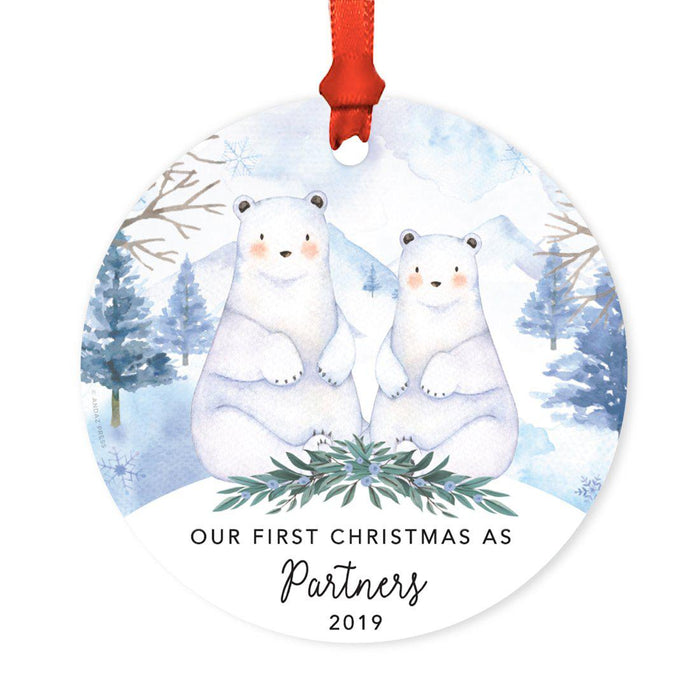 Custom Year Family Round Metal Christmas Ornament, Watercolor Winter Polar Bears on Snow Design 2-Set of 1-Andaz Press-First Christmas as Partners-