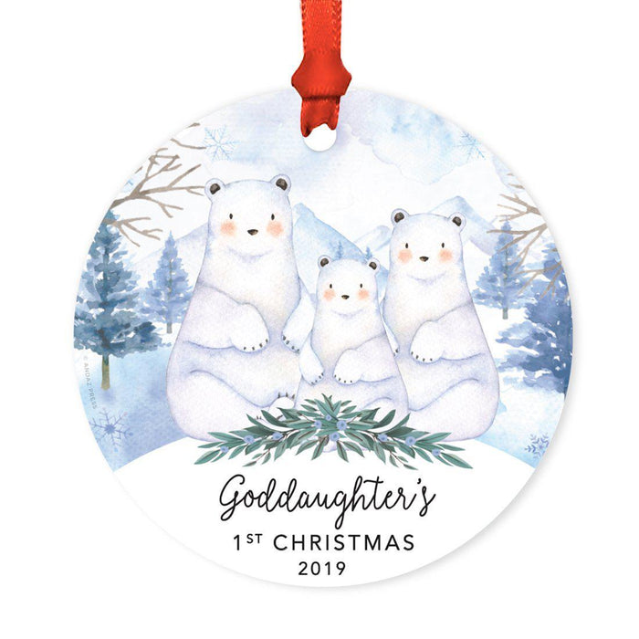 Custom Year Family Round Metal Christmas Ornament, Watercolor Winter Polar Bears on Snow Design 2-Set of 1-Andaz Press-Godson's 1st Christmas-