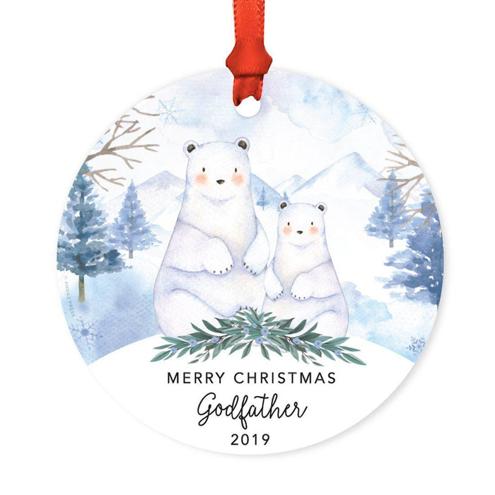 Custom Year Family Round Metal Christmas Ornament, Watercolor Winter Polar Bears on Snow Design 2-Set of 1-Andaz Press-Merry Christmas Godfather Family-