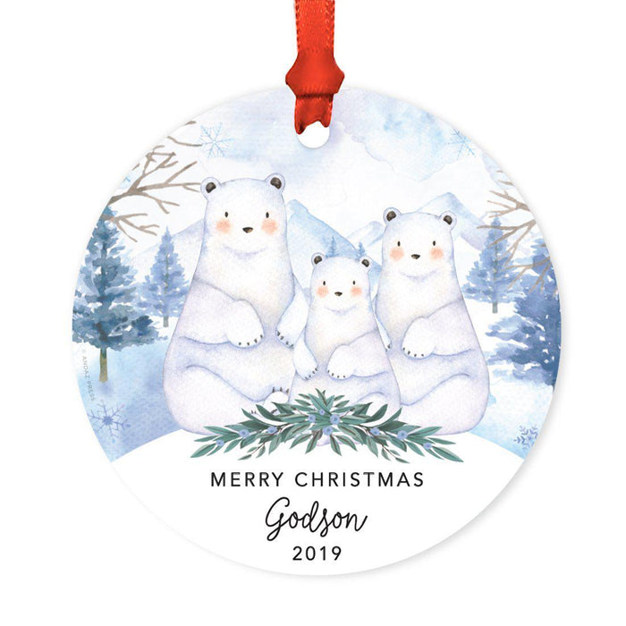 Custom Year Family Round Metal Christmas Ornament, Watercolor Winter Polar Bears on Snow Design 2-Set of 1-Andaz Press-Merry Christmas Godson-