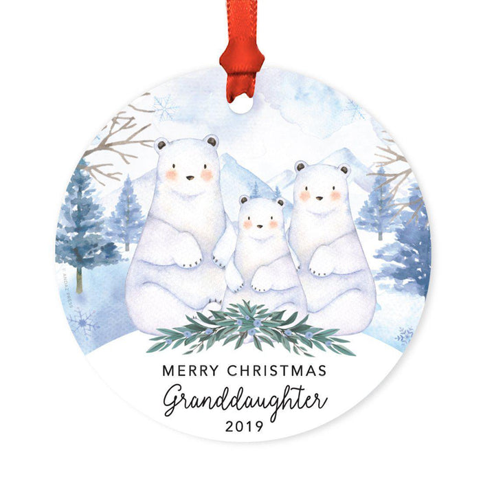 Custom Year Family Round Metal Christmas Ornament, Watercolor Winter Polar Bears on Snow Design 2-Set of 1-Andaz Press-Merry Christmas Granddaughter-