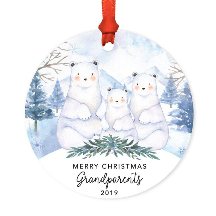 Custom Year Family Round Metal Christmas Ornament, Watercolor Winter Polar Bears on Snow Design 2-Set of 1-Andaz Press-Merry Christmas Grandparents-