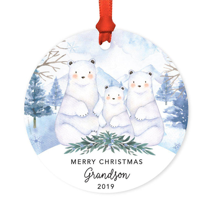 Custom Year Family Round Metal Christmas Ornament, Watercolor Winter Polar Bears on Snow Design 2-Set of 1-Andaz Press-Merry Christmas Grandson-