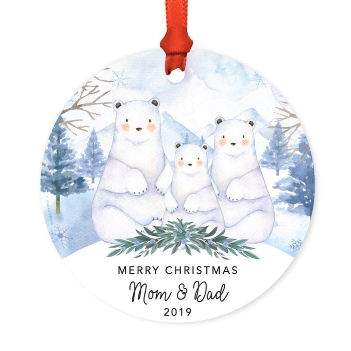Custom Year Family Round Metal Christmas Ornament, Watercolor Winter Polar Bears on Snow Design 2-Set of 1-Andaz Press-Merry Christmas Mom and Dad-