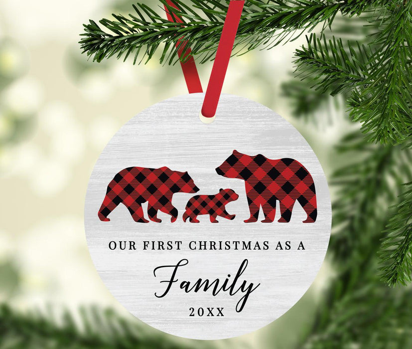 Custom Year Metal Christmas Ornament, Gray Wood | Red Buffalo Plaid Bears, Our First Christmas-Set of 1-Andaz Press-Our First Christmas as a Family-
