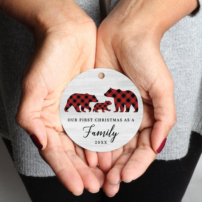 Custom Year Metal Christmas Ornament, Gray Wood | Red Buffalo Plaid Bears, Our First Christmas-Set of 1-Andaz Press-Our First Christmas as a Family-