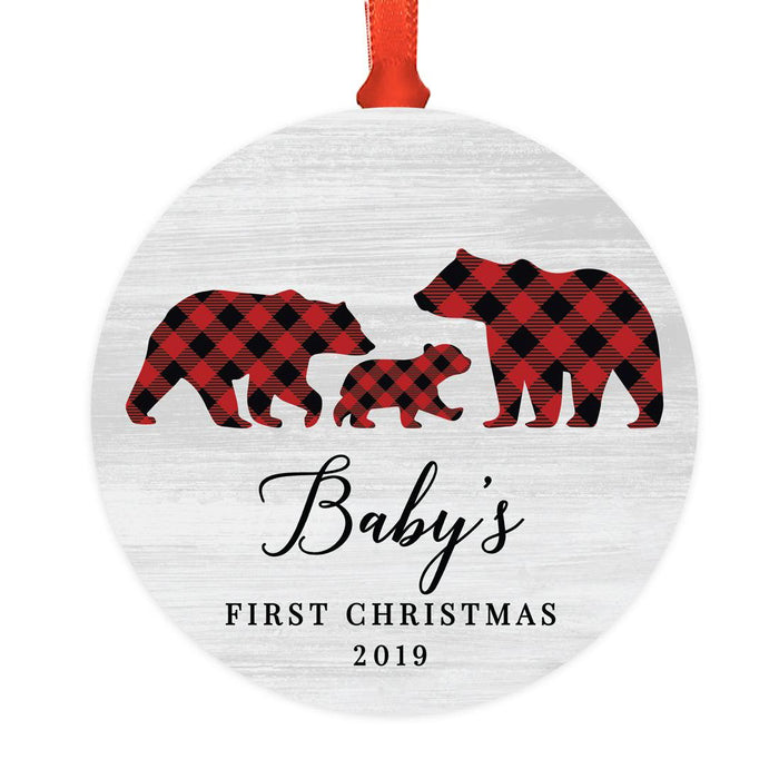 Custom Year Metal Christmas Ornament, Gray Wood | Red Buffalo Plaid Bears, Our First Christmas-Set of 1-Andaz Press-Baby's First Christmas-