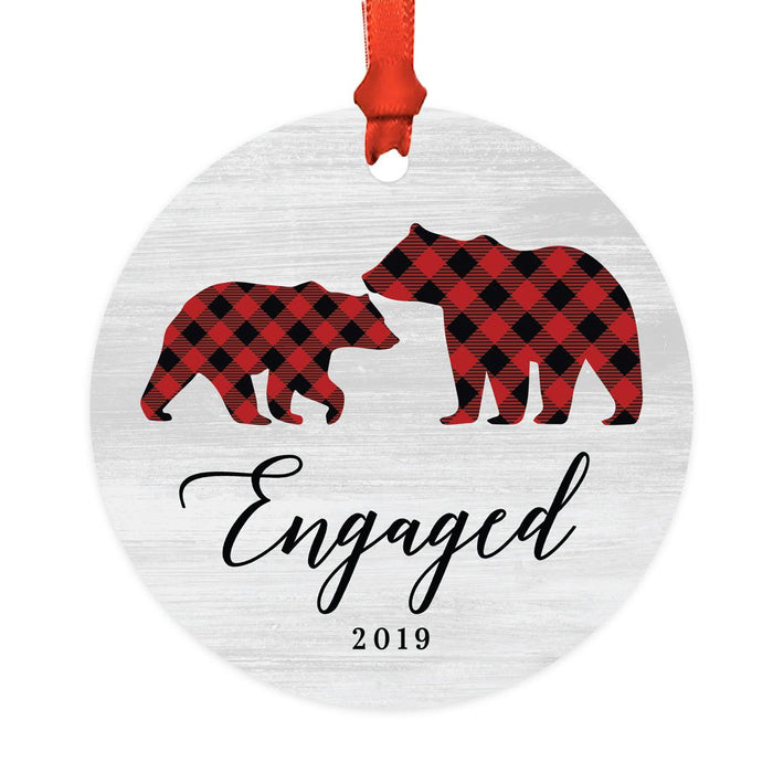 Custom Year Metal Christmas Ornament, Gray Wood | Red Buffalo Plaid Bears, Our First Christmas-Set of 1-Andaz Press-Engaged-