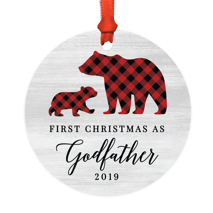 Custom Year Metal Christmas Ornament, Gray Wood | Red Buffalo Plaid Bears, Our First Christmas-Set of 1-Andaz Press-First Christmas as Godfather-