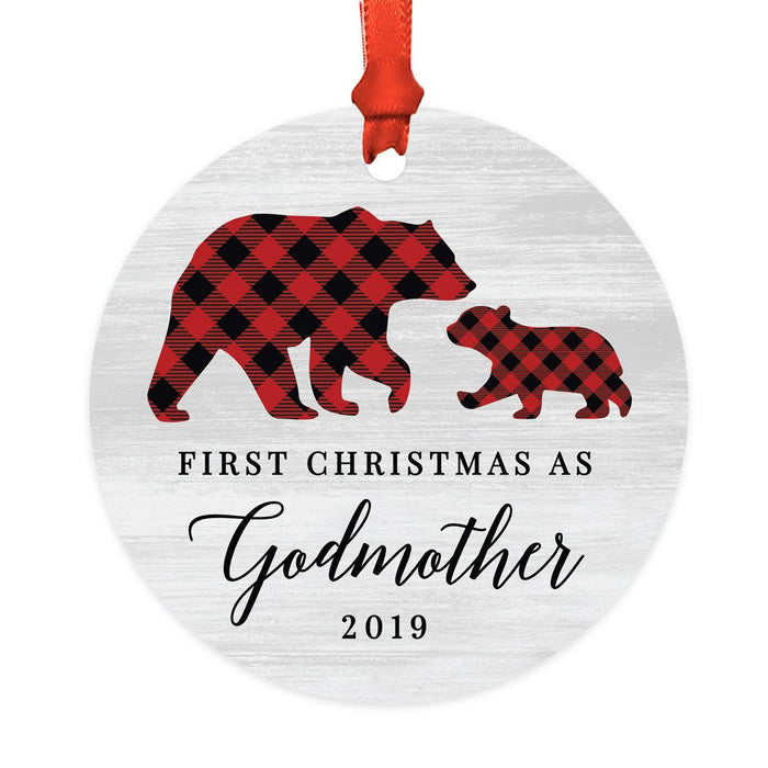 Custom Year Metal Christmas Ornament, Gray Wood | Red Buffalo Plaid Bears, Our First Christmas-Set of 1-Andaz Press-First Christmas as Godmother-