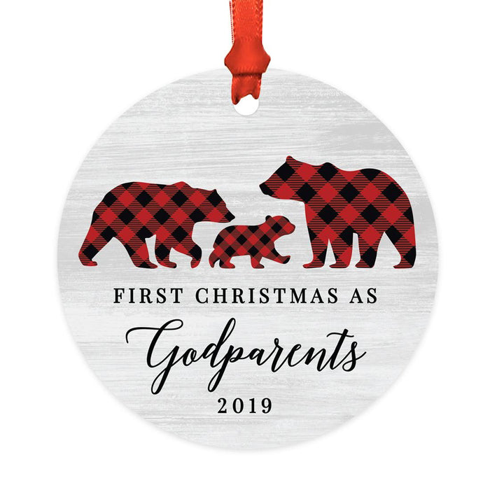 Custom Year Metal Christmas Ornament, Gray Wood | Red Buffalo Plaid Bears, Our First Christmas-Set of 1-Andaz Press-First Christmas as Godparents-