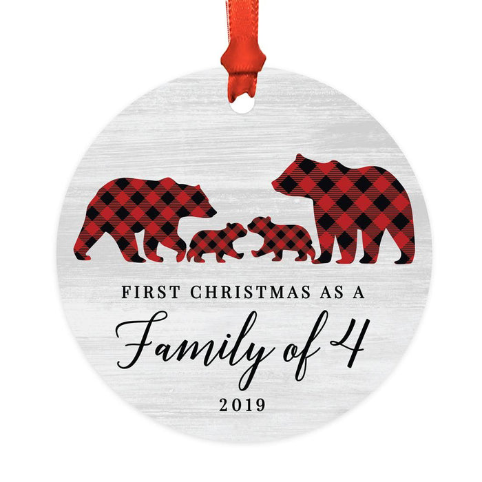 Custom Year Metal Christmas Ornament, Gray Wood | Red Buffalo Plaid Bears, Our First Christmas-Set of 1-Andaz Press-First Christmas as a Family of Four-
