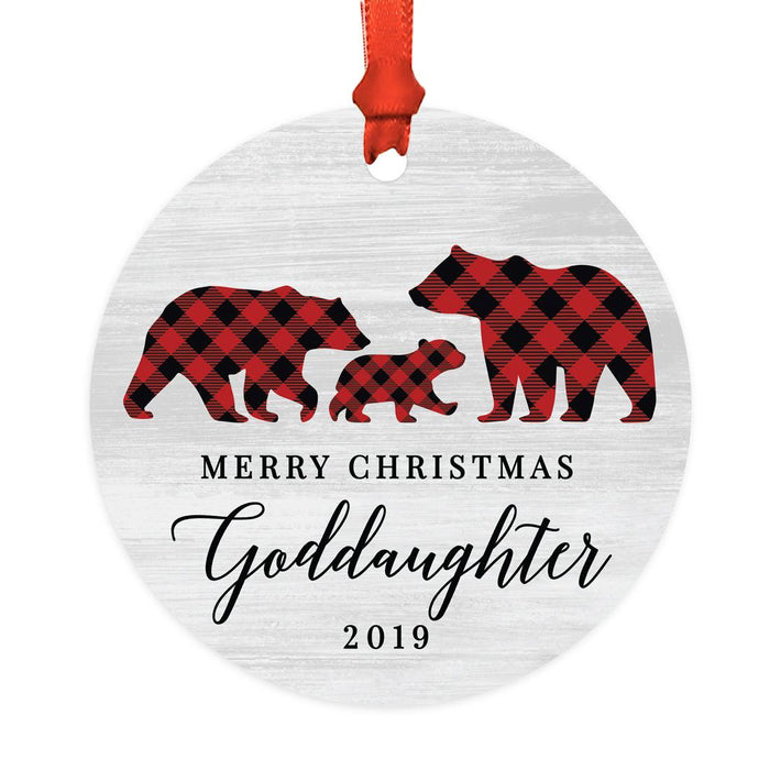 Custom Year Metal Christmas Ornament, Gray Wood | Red Buffalo Plaid Bears, Our First Christmas-Set of 1-Andaz Press-Merry Christmas Goddaughter-