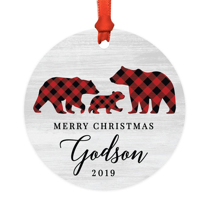 Custom Year Metal Christmas Ornament, Gray Wood | Red Buffalo Plaid Bears, Our First Christmas-Set of 1-Andaz Press-Merry Christmas Godson-