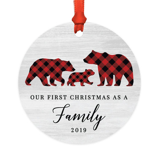 Custom Year Metal Christmas Ornament, Gray Wood | Red Buffalo Plaid Bears, Our First Christmas-Set of 1-Andaz Press-Our First Christmas as a Family-