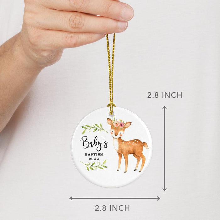 Custom Year Round Ceramic Christmas Ornament, Baby Collectible Gift, Watercolor Woodland Deer Laurels Florals-Set of 1-Andaz Press-Baby's 1st Christmas-