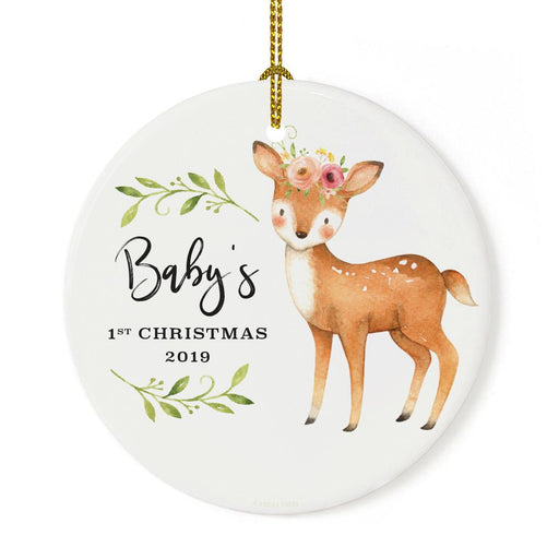 Custom Year Round Ceramic Christmas Ornament, Baby Collectible Gift, Watercolor Woodland Deer Laurels Florals-Set of 1-Andaz Press-Baby's 1st Christmas-