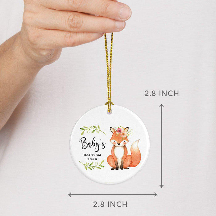 Custom Year Round Ceramic Christmas Tree Ornament, New Baby Girl, Woodland Fox Laurels Florals-Set of 1-Andaz Press-Baby's 1st Christmas-