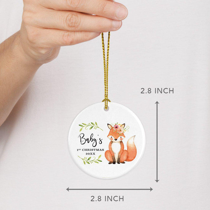Custom Year Round Ceramic Christmas Tree Ornament, New Baby Girl, Woodland Fox Laurels Florals-Set of 1-Andaz Press-Baby's 1st Christmas-