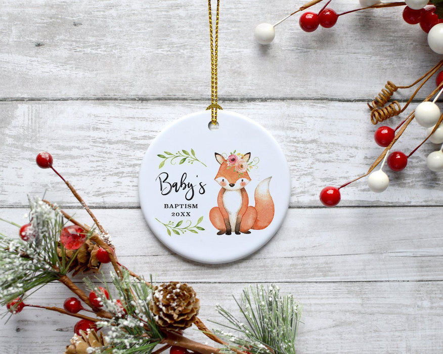Custom Year Round Ceramic Christmas Tree Ornament, New Baby Girl, Woodland Fox Laurels Florals-Set of 1-Andaz Press-Baby's 1st Christmas-